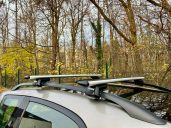 Thule Dachgepäckträger "Raised Rail" - Geeignet für Fahrzeuge mit einer offenen Reling. Dachträger eines Autos in einem Waldgebiet mit Bäumen im Hintergrund.