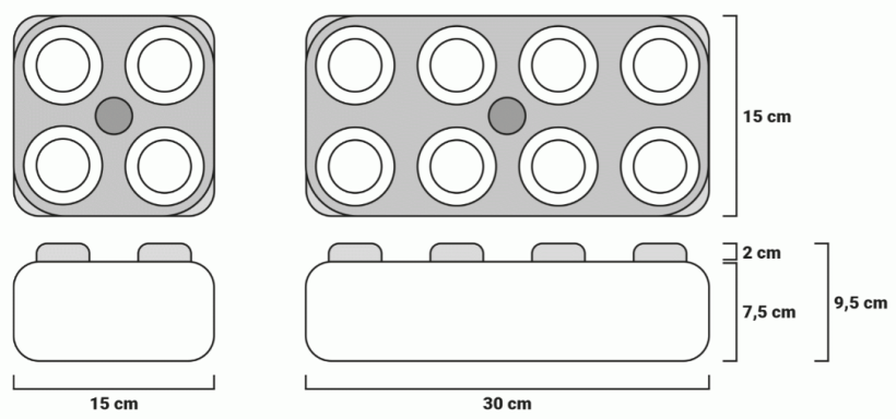 Schematische Darstellung von zwei Formen mit verschiedenen Abmessungen und Vertiefungen.