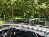 "Thule Fixpoint" Geeignet für Fahrzeuge mit Fixpunkt-System. Dachträger eines Autos, montiert auf einem grauen Fahrzeug, umgeben von Bäumen.